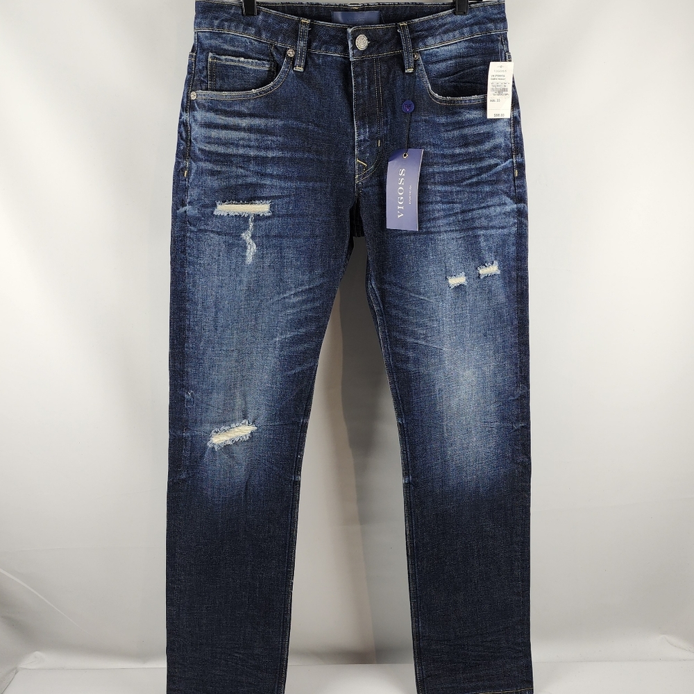 Vigoss Mens Regular Straight Dark Wash Distressed Jeans Size 33 NWT